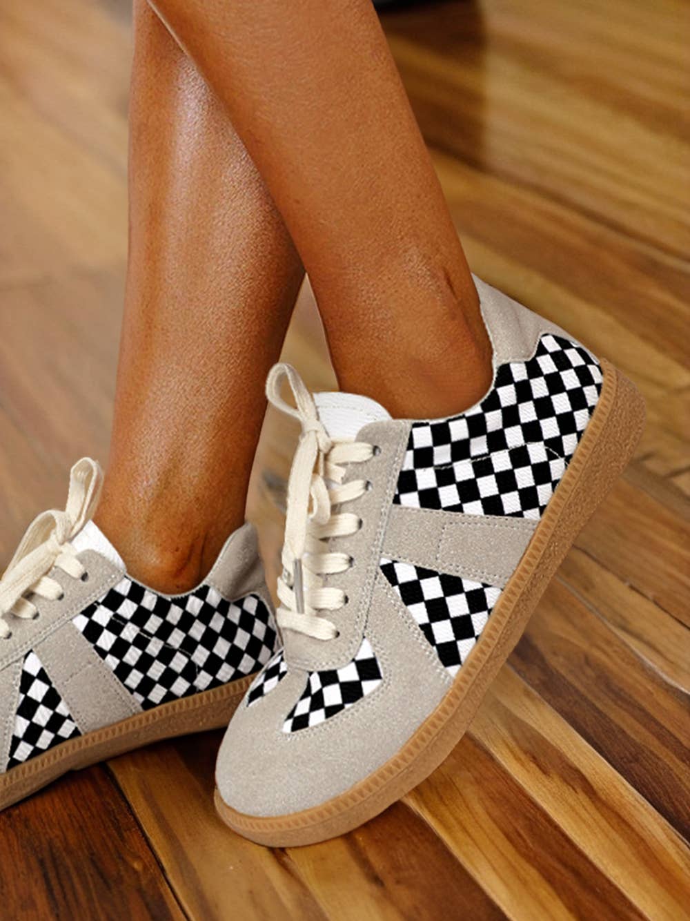 Checkerboard Patchwork Lace-up Flat Leatherette Shoes